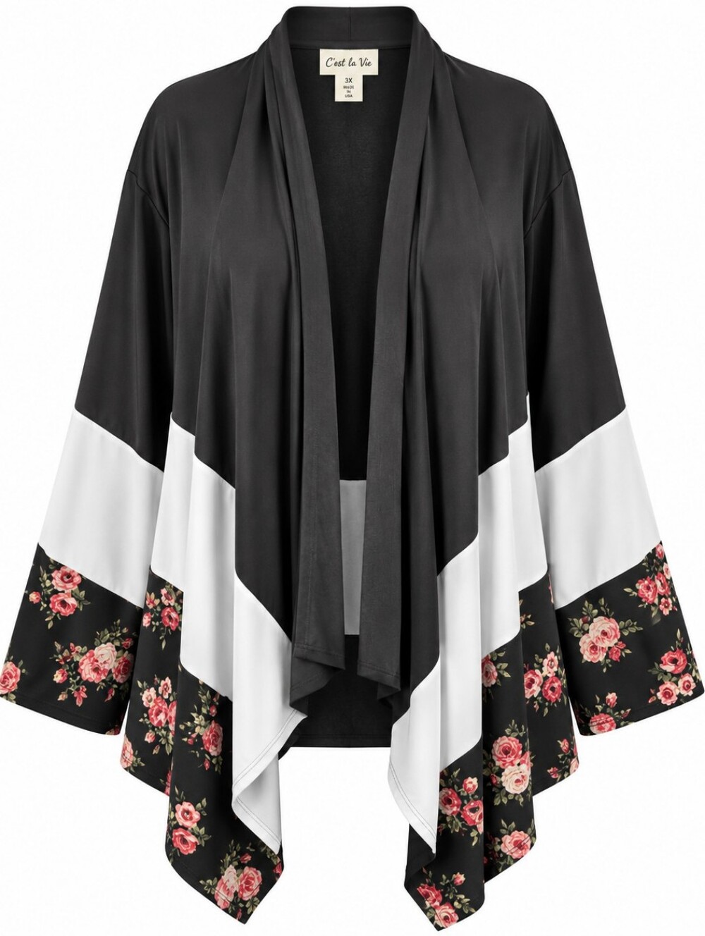 C'EST LA VIE | Vintage Colorblock Cabbage Roses Black White Floral Jacket | 3X